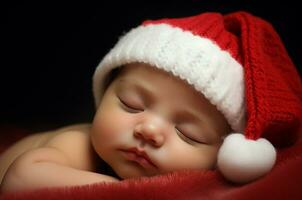 nouveau née bébé dans Père Noël chapeau dormant. génératif ai photo