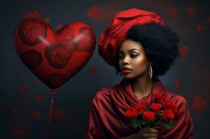 noir femme avec fleurs pour Valentin est journée. génératif ai photo