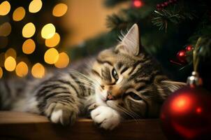 chaton mensonges en dessous de le Noël arbre. génératif ai photo