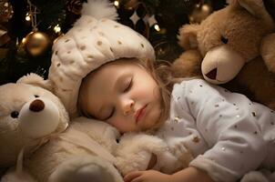 peu fille dort avec nounours ours près le Noël arbre. génératif ai photo