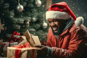 une noir homme avec une barbe portant une Père Noël claus chapeau reçoit Noël cadeaux. noir homme donnant Noël cadeaux. génératif ai photo