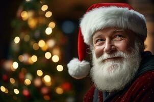 Monsieur Père Noël claus contre le Contexte de une Noël arbre et guirlande. Père Noël dans costume. génératif ai photo