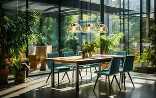 en bois table et bleu chaise avec ancien lampe et éclairage décorer et conception pour réunion chambre. ai généré photo