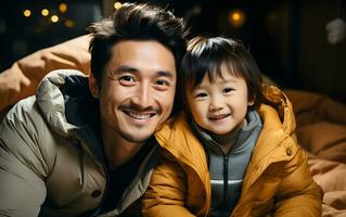 famille homme asiatique père est souriant avec mignonne fils enfant est portant pardessus ensemble. ai généré photo