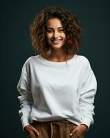 Jeune femme souriant portant sweat-shirt isolé photo