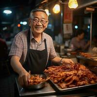 une photo de souriant asiatique homme vente frit poulet dans une rue nourriture marché. génératif ai