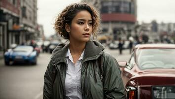 magnifique fille est attendre pour le auto. ai généré photo