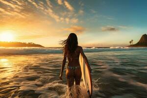 surfeur fille avec planche de surf sur le plage à le coucher du soleil. magnifique Jeune femme dans bikini avec planche de surf, arrière vue de femme surfeur fonctionnement dans le océan avec une planche de surf, ai généré photo