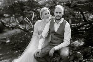 mariage marcher de le la mariée et jeune marié dans une conifère dans elfique accessoires photo