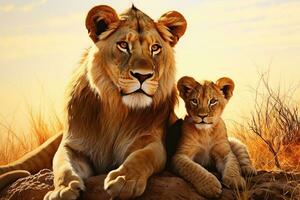 génératif ai illustration de une famille de les Lions, Lion mère avec lionceau dans la nature photo