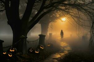 Halloween brumeux scène dans des bois. produire ai photo