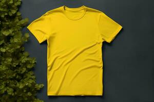 ai généré Facile de base unisexe T-shirt dans Jaune sur gris Contexte suivant à les plantes maquette amical copie espace conception photo