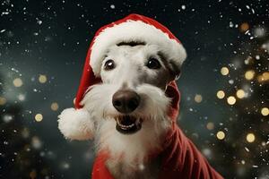 ai généré joyeux gris mixte race barbu chien bedlington terrier whippet dans Père Noël claus chapeau et rouge costume sur neigeux Contexte salutation carte Nouveau année vacances photo