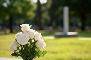 blanc fleurs dans de face de une pierre tombale à une cimetière avec coucher de soleil.funérailles concept ai généré photo