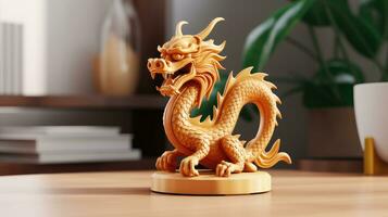 une petit en bois dragon figurine sur une travail bureau dans une de fête Nouveau année atmosphère. symbole de chinois Nouveau année 2024. ai génératif photo