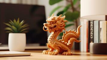 une petit en bois dragon figurine sur une travail bureau dans une de fête Nouveau année atmosphère. symbole de chinois Nouveau année 2024. ai génératif photo