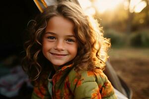 portrait de mignonne peu fille à caméra tandis que permanent près camping tente à le coucher du soleil ai généré photo