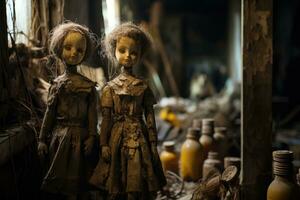 effrayant antique poupées dans une toile d'araignée oublié grenier de un abandonné maison photo