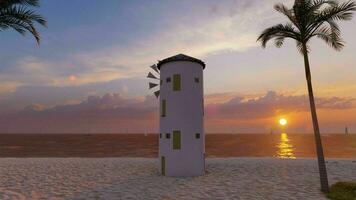 Moulin à vent à mer plage le coucher du soleil 3d rendu photo