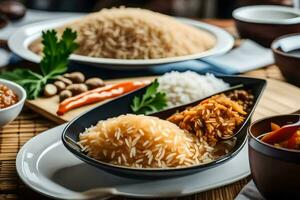 une table avec riz, Viande et des légumes. généré par ai photo