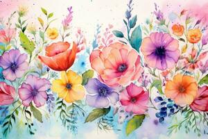 aquarelle floral Contexte avec fleurs. main tiré aquarelle illustration, printemps floral dans aquarelle arrière-plan, ai généré photo