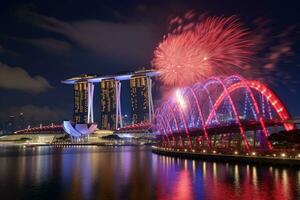 feux d'artifice à Marina baie sables Hôtel dans Singapour, Singapour, nuit feu d'artifice afficher entre Marina baie sables Hôtel et illuminé ferris roue, ai généré photo