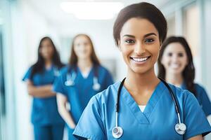 portrait de souriant africain américain femelle infirmière permanent dans hôpital couloir, souriant femelle médecin permanent avec médical collègues dans une hôpital, ai généré photo
