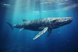 à bosse baleine nager sous-marin dans Profond bleu océan. sous-marin scène, sperme baleine nager sous-marin, ai généré photo