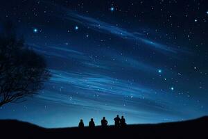 nuit ciel avec étoiles et silhouettes de une famille sur le colline, silhouettes de gens observer étoiles dans nuit ciel. astronomie concept, ai généré photo