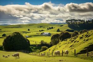 mouton pâturage sur une vert Prairie dans le campagne de Nouveau la zélande, Nouveau la zélande, Nord île, Waikato région. rural paysage près Mata mata, ai généré photo