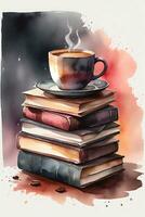 aquarelle graphique, café et beaucoup de livres photo