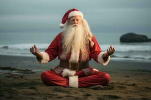 Père Noël claus dans méditer yoga pose sur le plage. produire ai photo