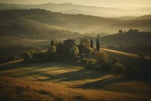 toscane paysage dans coucher de soleil, établi avec génératif ai photo