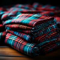 texture de ridé, froissé tartan en tissu fermer, traditionnel Écossais Vêtements - ai généré image photo