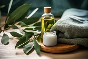 eucalyptus essentiel pétrole dans une verre bouteille, serviette et eucalyptus branche sur une en bois arrière-plan, spa concept avec eucalyptus pétrole et eucalyptus feuille extrait Naturel biologique spa, ai généré photo