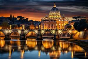 st. de Peter Basilique et Tibre rivière à coucher de soleil, Rome, Italie, st peter cathédrale dans Rome, Italie, ai généré photo