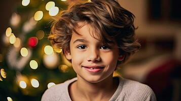 ai génératif, Jeune garçon dans de face de une Noël arbre photo