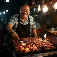 souriant asiatique homme vente frit poulet dans une rue nourriture marché génératif ai photo