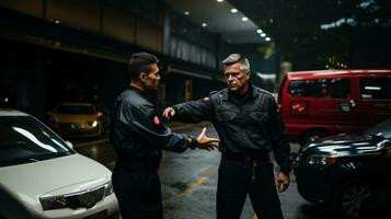 un argument entre deux gardes Masculin Sécurité garde dans noir uniforme permanent dans de face de une voiture à nuit parking. photo