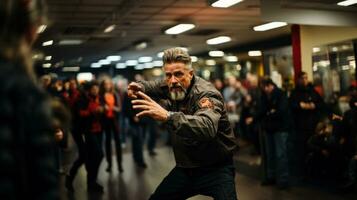 martial les arts instructeurs démontrer soi la défense techniques dans bureau. photo