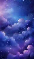 pervenche bleu coloré pente mystique ciel avec des nuages et étoiles téléphone Contexte fond d'écran, ai généré photo