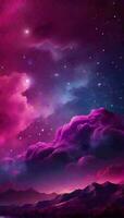 fuchsia rose coloré pente mystique ciel avec des nuages et étoiles téléphone Contexte fond d'écran, ai généré photo