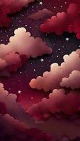 Bourgogne cramoisi rouge 3d couche pente mystique ciel avec des nuages et étoiles téléphone Contexte fond d'écran, ai généré photo