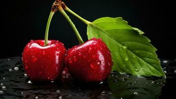 Frais cerises avec l'eau gouttes sur une noir arrière-plan, fermer génératif ai photo