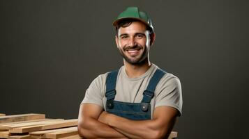 portrait de une Beau Jeune ouvrier dans salopette et casquette souriant tandis que permanent avec franchi bras contre gris Contexte génératif ai photo