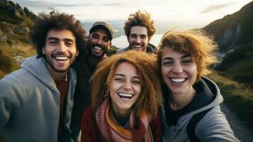 groupe de copains prise une selfie sur une Montagne route. Multi-éthnique groupe de copains ayant amusement en plein air. génératif ai photo