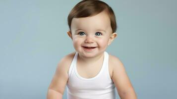 portrait de une mignonne souriant bébé sur une bleu Contexte. 3d le rendu génératif ai photo