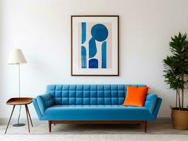 milieu siècle style intérieur vivant pièce avec bleu canapé contre blanc mur et art affiche Cadre ai génératif photo