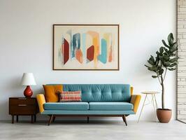 milieu siècle style intérieur vivant pièce avec bleu canapé contre blanc mur et art affiche Cadre ai génératif photo