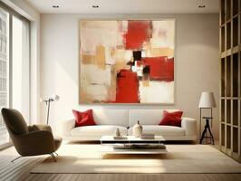moderne vivant pièce avec Toile La peinture et coloré meubles ai génératif photo